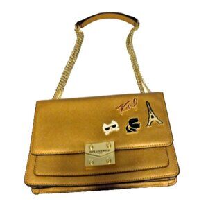 Karl Lagerfeld Paris Corinne Crossbody Bag Gold Faux Leather Chain EUC